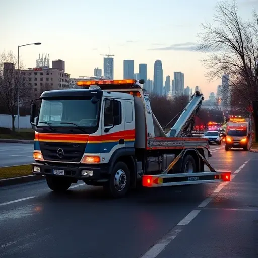 эвакуатор орск A realistic tow truck parked on a street in Orsk, Russia, with the city skyline in the background, no text or signage visible, no people, no other vehicles, no logos, no digital numbers, no letters, no digits, no explicit content