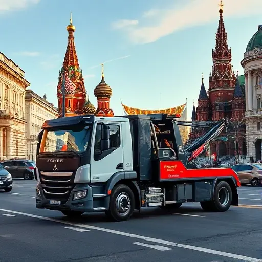 A modern tow truck with a sleek design parked on a busy Moscow street, with recognizable Moscow landmarks such as the Kremlin towers and St. Basil's Cathedral in the background, under a clear daytime sky, realistic lighting and detailed city atmosphere