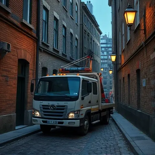 A realistic tow truck parked in a narrow, cobblestone alley named 2nd Monetchikovsky Lane, with surrounding old brick buildings, street lamps casting warm light, and a subtle hint of a cityscape in the background, captured in a compact high-quality (smallHQ) style
