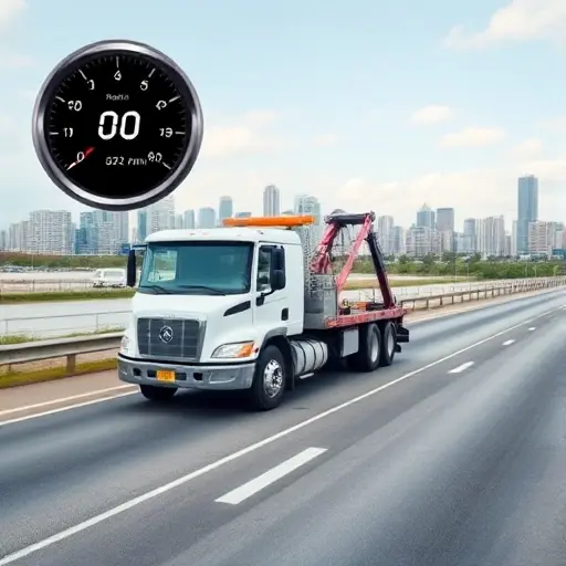 A realistic tow truck parked on a highway with a clear view of a digital speedometer or meter indicating cost per kilometer, set against a cityscape background. The scene should convey professionalism and trustworthiness, with subtle visual cues of a reputable company such as a clean, well-maintained vehicle and a calm, friendly environment. No text, letters, or numbers should be present in the image.