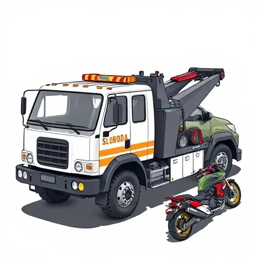 A tow truck named Sloboda equipped with a large winch, hydraulic jack, and spare parts, positioned next to a sedan, an SUV, and a motorcycle, all rendered in a clean, detailed illustration with no text or lettering