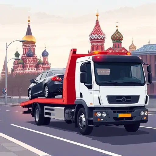 A realistic illustration of a modern tow truck operating on a Moscow street, with recognizable city architecture such as the Kremlin silhouette in the background, showing the truck safely lifting a vehicle, conveying professionalism, speed, reliability, and proper equipment without any text or signage.