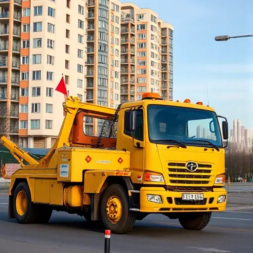 эвакуатор москва красносельский A bright yellow tow truck parked on a street in the Krasnoselsky district of Moscow, with a backdrop of modern apartment buildings and a subtle hint of the Moscow skyline. The scene is daytime with a clear sky, and the tow truck is in a ready position, with a small flag on its side.