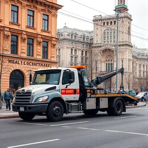 Эвакуатор Левобережного района г. Москвы: Полное руководство A tow truck parked on a street in the Left Bank district of Moscow, with iconic Moscow architecture in the background, no people, no text, no digits