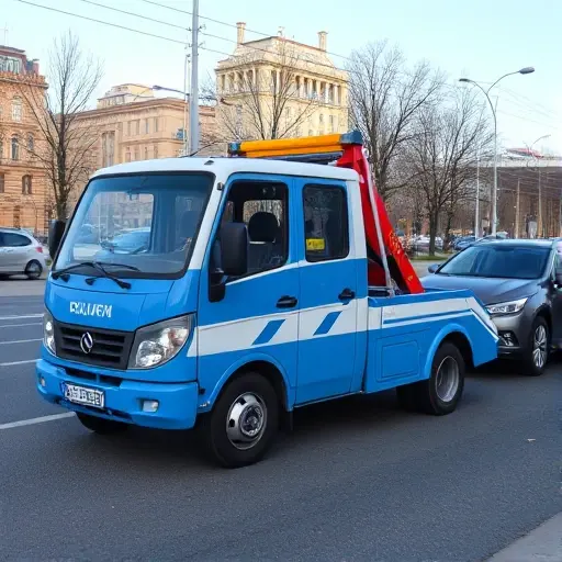 A small tow truck in a Moscow region setting, pulling a car on a city street, with a blue and white color scheme, clear background, no text or logos