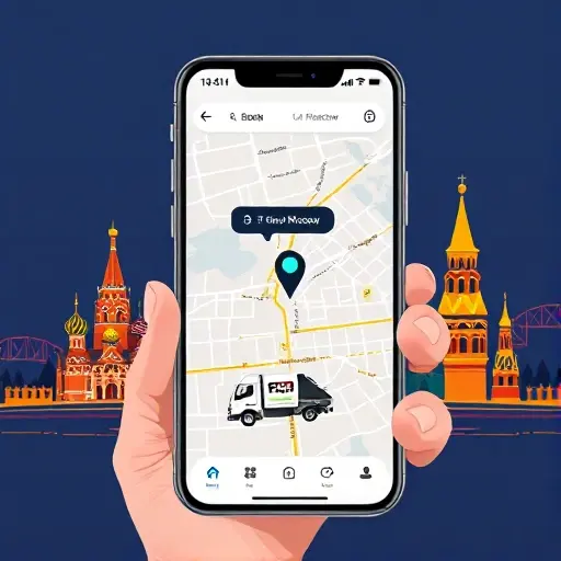 приложение эвакуатор москва A modern smartphone screen displaying a sleek tow truck service app interface, with a map of Moscow showing highlighted streets and a stylized tow truck icon moving toward a location, surrounded by iconic Moscow landmarks like the Kremlin silhouette and the Moscow River, all rendered in a clean, high-detail illustration without any visible text or logos