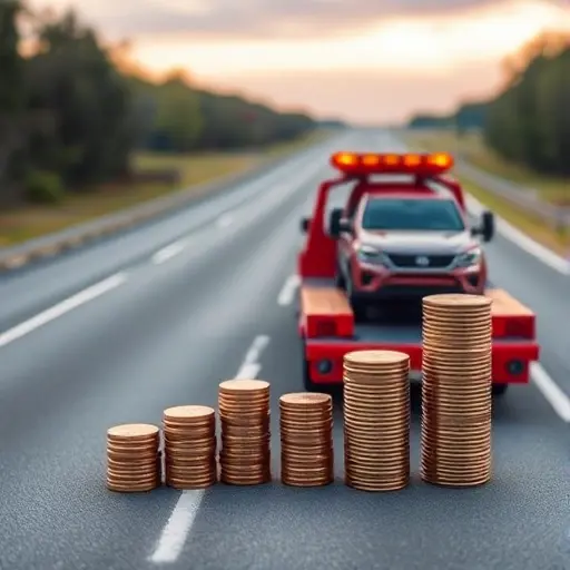 A tow truck pulling a car on a highway, with a stack of coins beside the tow truck indicating cost, realistic style
