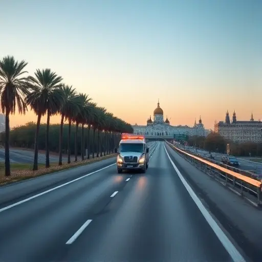 A realistic scene showing a modern tow truck traveling on a long highway that stretches from a sunny, subtropical landscape with palm trees (representing Simferopol) to a colder, urban skyline with recognizable Moscow architecture such as the Kremlin dome in the distance. The tow truck is centered, with its lights on, and a trailer attached, carrying a large vehicle. The road is smooth, with gentle hills transitioning from the warm to the cool climate, and the sky changes from bright blue to a soft twilight. No text, letters, or numbers appear in the image.