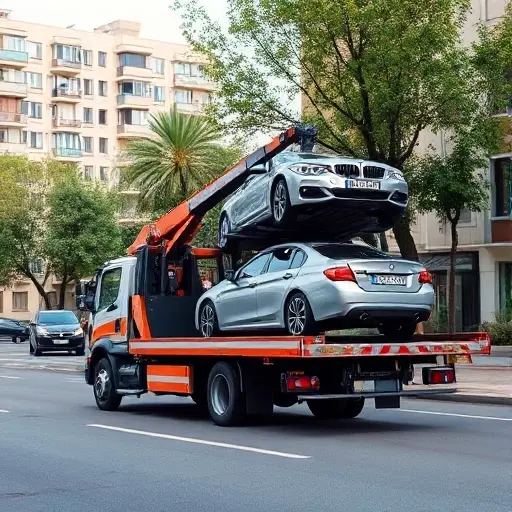 Эвакуатор в районе Мещанский: Полное руководство A realistic scene of a tow truck (evacuator) operating on a city street in the Meschansky district, with typical residential buildings, trees, and a parked car being lifted onto the truck's platform. The focus is on the vehicle and the urban environment, with clear sky and street details, no text or signage visible.