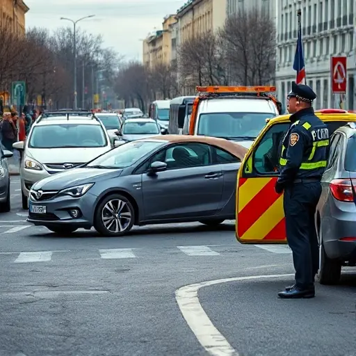 A busy Moscow street scene showing a vehicle improperly parked blocking traffic, with a police officer in uniform observing and a tow truck nearby, illustrating traffic obstruction and the concept of fines for illegal evacuation, captured in a realistic smallHQ style, without any visible text or signage