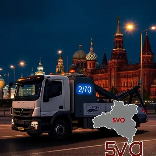 Эвакуатор Москва: Дешево, Круглосуточно, СВАО – Полный План Статьи A modern tow truck parked on a Moscow street at night, illuminated by streetlights, with the iconic Moscow skyline in the background. The truck features a subtle glowing clock icon and a car icon on its side to represent 24/7 service and towing, and a small map outline of the SVO region is subtly integrated into the scene, all without any textual elements.