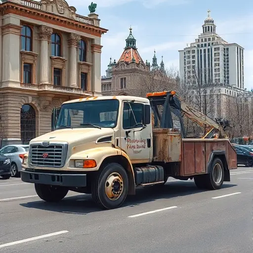 эвакуатор москва бу A realistic scene of a used tow truck parked on a Moscow street, with recognizable Moscow architecture such as a historic building or modern high-rise in the background, the tow truck showing signs of wear like slight rust and faded paint, no visible brand logos or text, under a clear sky