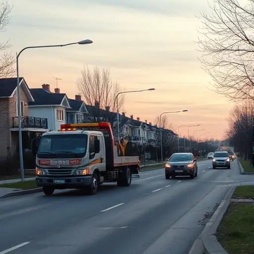 A tow truck pulling a stalled car on a residential street in the Bogorodskoye area, with typical suburban houses and a calm evening sky