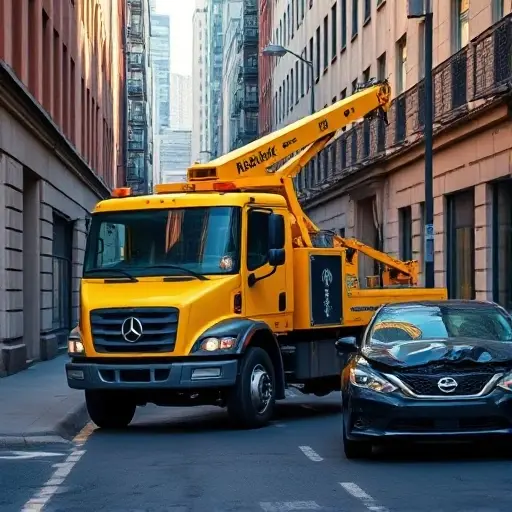 A modern yellow tow truck with a crane arm parked on a narrow city street near a damaged car, daytime, realistic lighting, high detail
