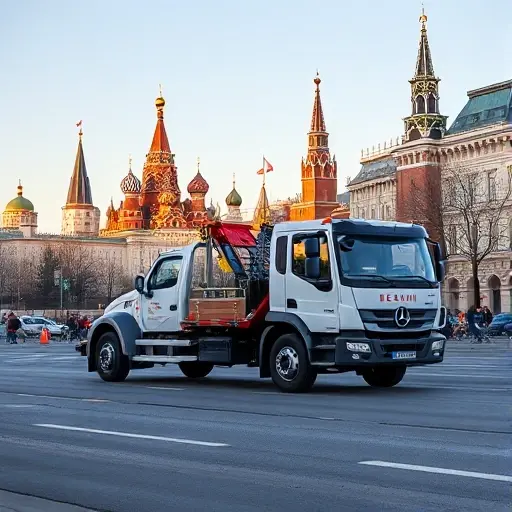 Стоимость эвакуатора по Москве: Полный гид A modern tow truck positioned on a Moscow street, with the distinctive silhouette of Kremlin towers and typical Russian city architecture in the background, under a clear sky, emphasizing the vehicle and urban setting without any text or signage.