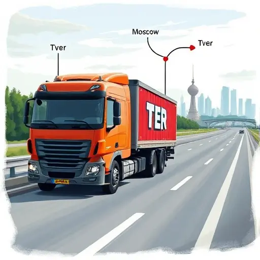 A realistic illustration of a tow truck traveling on a highway between Tver and Moscow, with a subtle map overlay showing the route and the skylines of both cities in the background, no text, letters, or numbers, rendered in a high‑quality small format