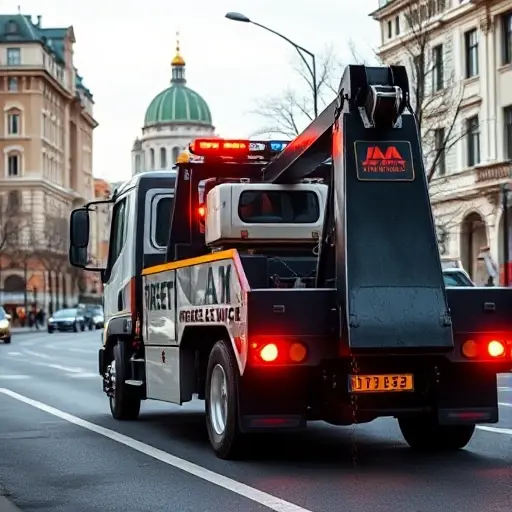 эвакуатор без посредников москва A professional tow truck parked on a Moscow street, with recognizable Moscow architecture such as the Kremlin dome or typical high-rise buildings in the background, showing the truck's hook and lights, conveying direct service without intermediaries, realistic lighting and clear details