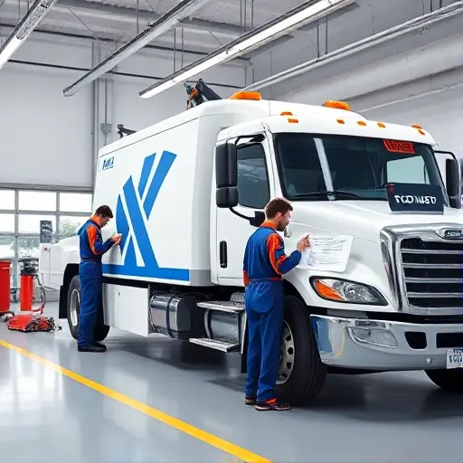A Next brand tow truck parked in a modern garage, a mechanic in a jumpsuit inspecting the engine, a maintenance manual open, a fuel gauge showing low consumption, and a small icon indicating cost savings, all depicted in a clean, realistic style with no text, letters, or digits.