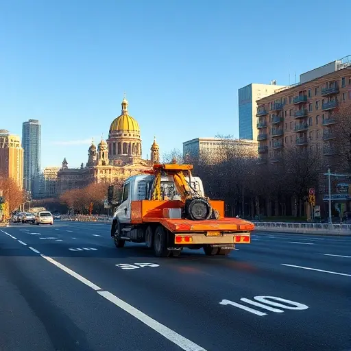 A realistic daytime scene of a tow truck driving on a Moscow street, with recognizable Moscow architecture such as the Kremlin dome and modern high‑rise buildings in the background, the road showing distance markers without any numbers or text, and a clear sky above