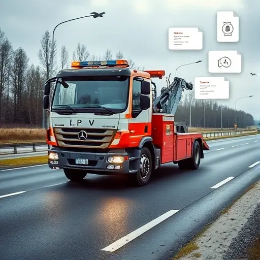 A professional tow truck operating on a road near Moscow's outskirts, with a subtle overlay of official-looking documents such as a license and registration icons floating nearby, all depicted in a realistic yet compact high-quality style, without any visible text, letters, or numbers