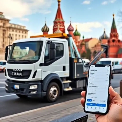A modern tow truck parked on a Moscow street in front of the Kremlin, with the Red Square visible in the background, a smartphone on a nearby bench showing a generic booking interface, all in daylight, no text or letters, no digits, no people, no other vehicles
