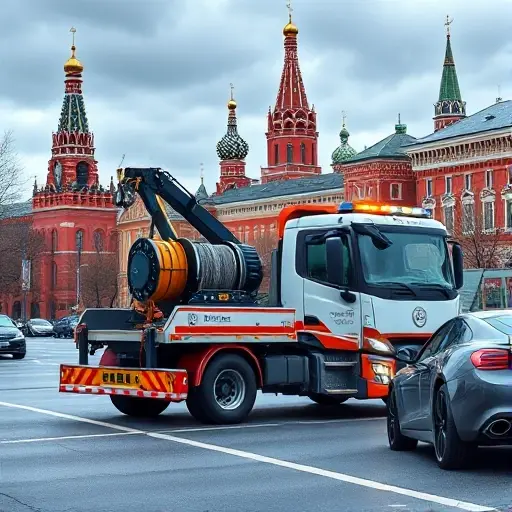 A realistic smallHQ style illustration of a modern tow truck equipped with a winch, positioned on a Moscow street with recognizable city architecture such as the Kremlin towers and red brick buildings in the background. The scene shows the tow truck's hook attached to a parked car, with the city lights and a cloudy sky. No text, logos, or signage should appear.