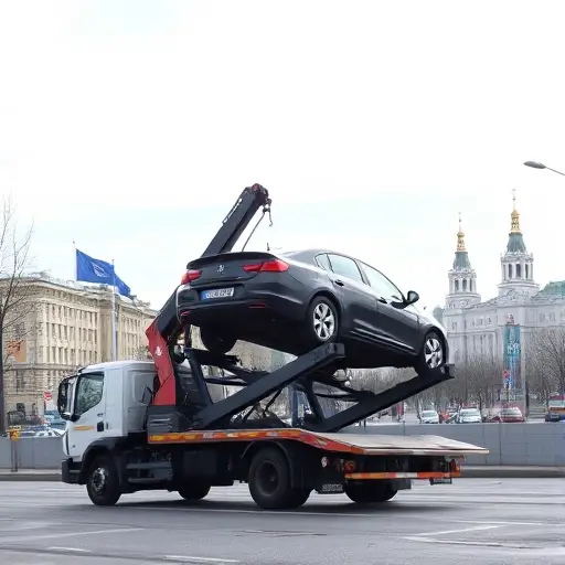 A tow truck loading a car onto its platform in an urban Moscow setting, with a clear skyline and no text or signage, focusing on the mechanics of the loading process.
