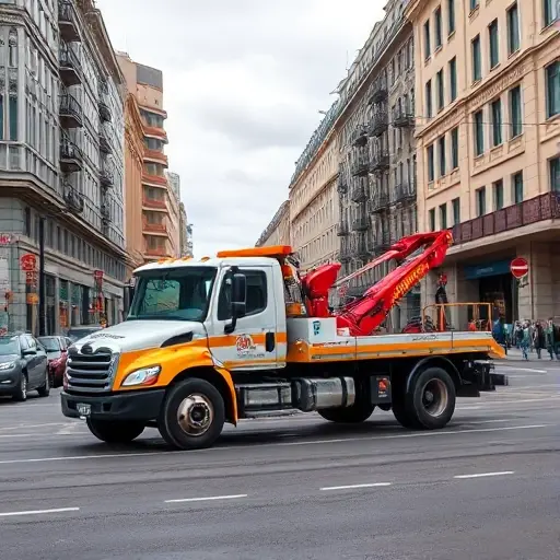 A tow truck parked on a busy city street with typical Russian architecture, representing Boytsevaya Street, showing a clear view of the street and surrounding buildings, no text or letters in the image