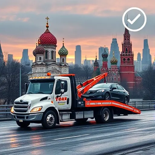 A realistic depiction of a tow truck in Moscow towing a car, with the iconic Moscow skyline in the background and a subtle price chart icon to suggest pricing, all without any text or lettering
