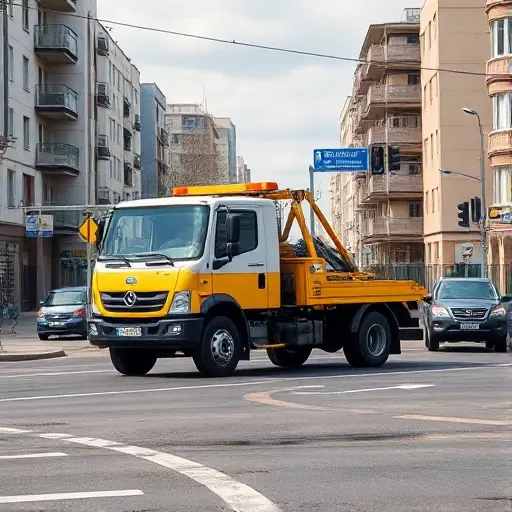 A realistic depiction of a tow truck (evakuator) on Bolshaya Cheremushkinskaya Street in the Big Cheremushkinsky District. The scene should show the tow truck parked or in motion on a typical city street with surrounding residential or commercial buildings, street signs, traffic lights, and a few other cars or pedestrians to convey the local traffic situation. The setting should feel urban and everyday, with no text, letters, or numbers visible in the image.