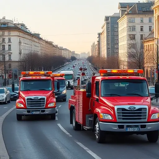 A realistic city street scene in the Kuntsevo district of Moscow, showing several tow trucks (evakuatory) actively assisting vehicles on the road, with typical Moscow architecture and traffic in the background, under a clear sky, no visible text or signage
