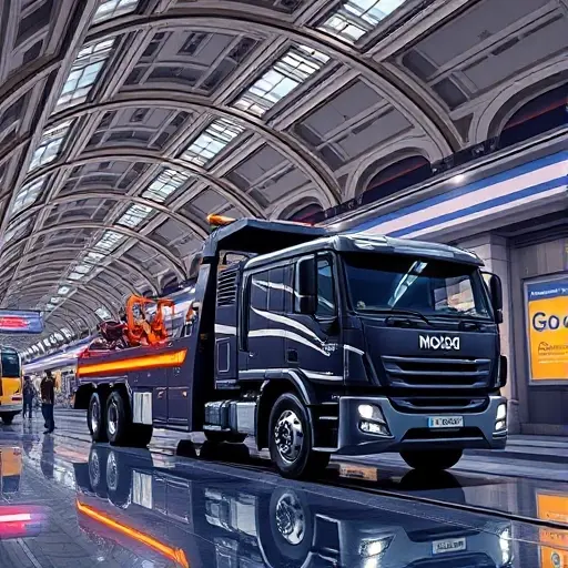 эвакуатор метро москва A realistic illustration of a modern towing truck parked inside a bustling Moscow metro station, featuring the station's iconic architectural details and bright LED lighting, with the vehicle's sleek design and reflective surfaces highlighted in a vibrant, high-resolution style