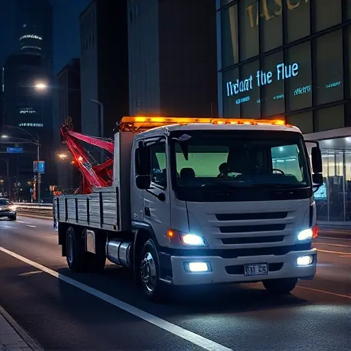 A modern tow truck parked on a city street at night, illuminated by its headlights, with a dispatcher in a control room watching monitors, all in a clean, realistic style, no text or symbols
