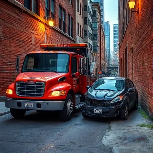 A tow truck parked on a narrow alleyway with a broken car beside it, visible damage on the car, a city backdrop with brick walls and streetlights, no people, no text, no logos, no bright colors