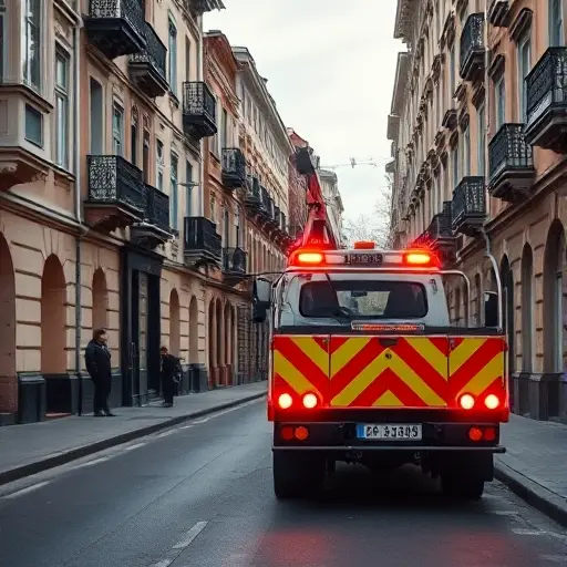 Эвакуатор на 2-й Мосфильмовском переулке: Полное руководство A realistic tow truck (evacuator) parked on a narrow urban street named 2nd Mosfilmovsky Lane, with typical Moscow residential buildings, street lamps, and a quiet atmosphere. The scene shows the truck's hook and lights, the pavement, and surrounding architecture, without any visible text, logos, or signage.