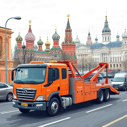 A realistic illustration of a tow truck parked on a busy street with iconic landmarks of Moscow and St. Petersburg in the background, showing a mix of large corporate tow trucks and smaller private ones, with a subtle cityscape, no text or logos