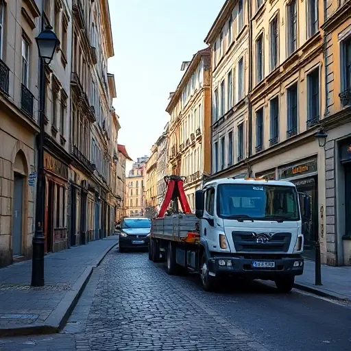 A realistic scene of a tow truck pulling a vehicle on a narrow urban street with typical European architecture, cobblestones, street lamps, and a lane marker, all without visible text or numbers, captured in daylight with a clear sky