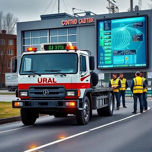 A Ural truck (evacuator) parked on a road, with a control center building in the background. The scene shows a team of workers in safety vests monitoring the evacuation process, using radios and a large screen displaying traffic flow. The focus is on the Ural truck, the control center, and the coordination team, all in a realistic, detailed style.