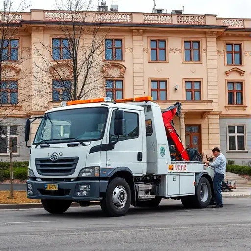 A tow truck parked in front of a typical Yoshkar-Ola city building, with a visible distance marker and a mechanic inspecting the vehicle’s condition, all depicted without any text, letters, or digits in the image