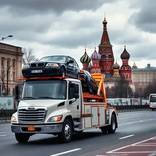 A tow truck navigating Moscow streets, with the Kremlin silhouette in the background, carrying a sedan on its platform under a cloudy sky, realistic depiction in smallHQ style