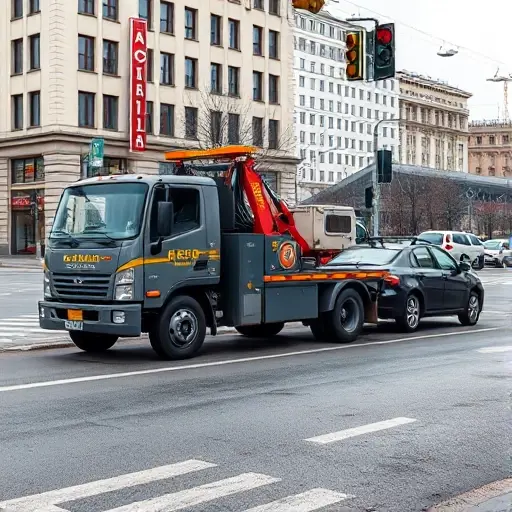A realistic tow truck parked on Bashilovskaya Street, towing a car, with city buildings, traffic lights, and street details visible, no people, no text or signage in the image, rendered in high detail.