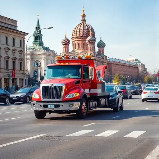A realistic scene of a tow truck pulling a car on a busy Moscow street, with recognizable Moscow landmarks such as the Kremlin dome in the background, bright daylight, city traffic, no text or signage.