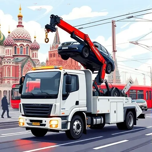 A realistic illustration of a modern tow truck with a hydraulic manipulator arm parked on a busy Moscow street, with recognizable city landmarks such as the Kremlin dome and red tram in the background. The scene conveys reliability and professionalism, showing the truck in action lifting a vehicle, with subtle visual cues of satisfied customers like smiling silhouettes and a clean, well-maintained environment.