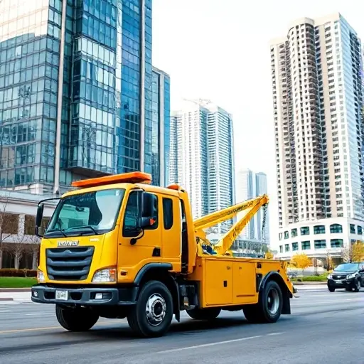 A modern yellow tow truck driving on a city street with high-rise buildings in the background, daytime, clear weather