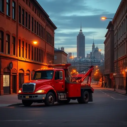 A realistic tow truck parked on a quiet urban street, 5th Prudnaya Street, with brick buildings, lampposts, and a subtle city skyline in the background. The scene should capture the atmosphere of a typical Russian city street at dusk, with warm streetlights and a calm, reflective mood. No people or other vehicles should be present.