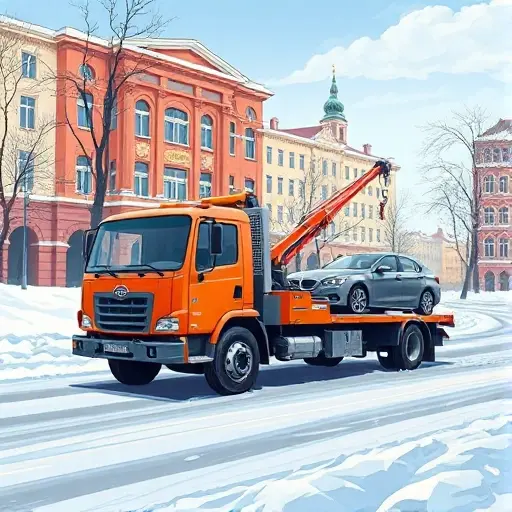 A realistic illustration of a tow truck in a snowy northern Moscow street, with its towing hook and winch visible, lifting a car, set against typical Moscow architecture and a clear sky.