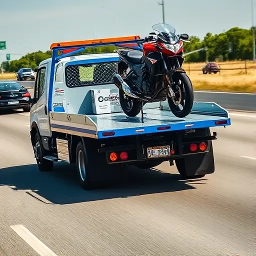 эвакуатор для мотоцикла A tow truck designed specifically for transporting motorcycles, featuring a low-profile hydraulic lift and a bright blue and white color scheme. A motorcycle is securely positioned on the lift, with the truck’s rear wheels clearly visible. The setting is a sunny highway with a subtle motion blur of passing cars in the background.
