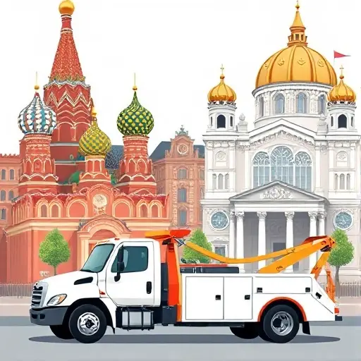 A realistic illustration of a tow truck parked in front of iconic landmarks of Moscow and St. Petersburg, with the Kremlin and Red Square on the left and the Hermitage and St. Isaac's Cathedral on the right, all in a single cohesive scene, no people, no other vehicles, no text or logos, in a clean, detailed style