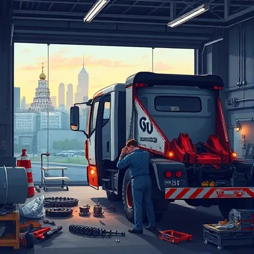 Ремонт эвакуаторов в Москве: Полное руководство A detailed illustration of a mechanic repairing a large tow truck inside a modern Moscow garage, with the Moscow city skyline visible through a window, tools and spare parts scattered around, realistic lighting and a professional atmosphere, no text or signage