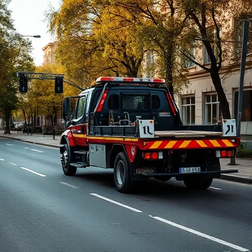 A realistic tow truck parked on a quiet urban street with trees and buildings, representing a typical scene on a street named Vishnyovaya, showing the vehicle ready for service, with a clear view of the truck's equipment and the surrounding environment, without any signage, text, or numbers